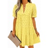 image:imageImily Bela Womens Summer Lace Dresses Eyelet Casual Flowy Babydoll Dress  Swing Short Sleeve V Neck Tunic DressMiniBeachVacationPartyOutdoorBohoLooseRuffle HemShort Puff SleeveLemon Tellow