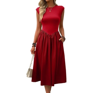 image:imageImily Bela Womens Casual Cap Sleeve Midi Dress  Crewneck Swing Flowy Empire Waist Summer 2025 TrendyWine Red