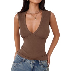 image:imageImily Bela Womens Sexy Plunge Deep V Neck Going Out Tank Top Summer Sleeveless Slim Fitted Workout Tops Brown