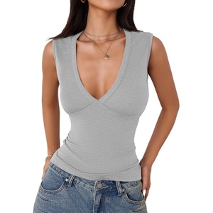 image:imageImily Bela Womens Sexy Plunge Deep V Neck Going Out Tank Top Summer Sleeveless Slim Fitted Workout Tops Grey