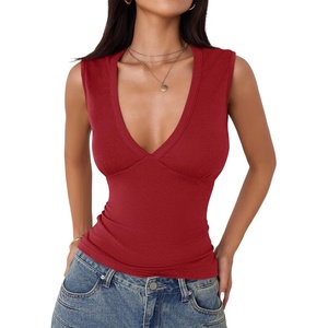 image:imageImily Bela Womens Sexy Plunge Deep V Neck Going Out Tank Top Summer Sleeveless Slim Fitted Workout Tops Wine Red