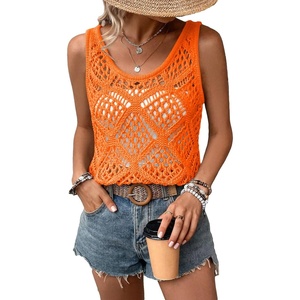 image:imageImily Bela Womens Summer Crochet Tank Tops Knit Sleeveless Sweater Vest  Boho Scoop Neck Tops Casual Hollow Out Beach Cover Ups Country Concert Outfits Vacation Resort Wear Loose FitOrange