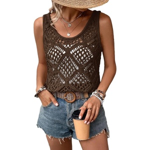 image:imageImily Bela Womens Summer Crochet Tank Tops Knit Sleeveless Sweater Vest  Boho Scoop Neck Tops Casual Hollow Out Beach Cover Ups Country Concert Outfits Vacation Resort Wear Loose FitCoffee