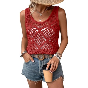 image:imageImily Bela Womens Summer Crochet Tank Tops Knit Sleeveless Sweater Vest  Boho Scoop Neck Tops Casual Hollow Out Beach Cover Ups Country Concert Outfits Vacation Resort Wear Loose FitRed