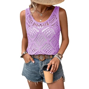 image:imageImily Bela Womens Summer Crochet Tank Tops Knit Sleeveless Sweater Vest  Boho Scoop Neck Tops Casual Hollow Out Beach Cover Ups Country Concert Outfits Vacation Resort Wear Loose FitPurple