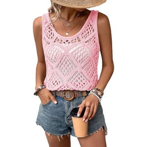 image:imageImily Bela Womens Summer Crochet Tank Tops Knit Sleeveless Sweater Vest  Boho Scoop Neck Tops Casual Hollow Out Beach Cover Ups Country Concert Outfits Vacation Resort Wear Loose FitPink