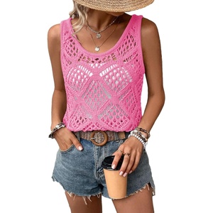 image:imageImily Bela Womens Summer Crochet Tank Tops Knit Sleeveless Sweater Vest  Boho Scoop Neck Tops Casual Hollow Out Beach Cover Ups Country Concert Outfits Vacation Resort Wear Loose FitBright Pink