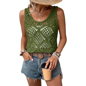 image:imageImily Bela Womens Summer Crochet Tank Tops Knit Sleeveless Sweater Vest  Boho Scoop Neck Tops Casual Hollow Out Beach Cover Ups Country Concert Outfits Vacation Resort Wear Loose FitArmy Green