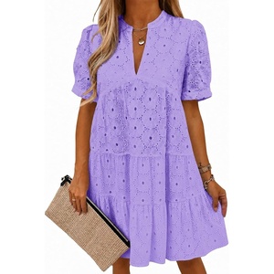 image:imageImily Bela Womens Summer Lace Dresses Eyelet Casual Flowy Babydoll Dress  Swing Short Sleeve V Neck Tunic DressMiniBeachVacationPartyOutdoorBohoLooseRuffle HemShort Puff SleeveViolet