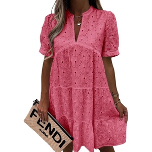 image:imageImily Bela Womens Summer Lace Dresses Eyelet Casual Flowy Babydoll Dress  Swing Short Sleeve V Neck Tunic DressMiniBeachVacationPartyOutdoorBohoLooseRuffle HemShort Puff SleeveRed