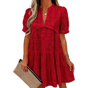 image:imageImily Bela Womens Summer Lace Dresses Eyelet Casual Flowy Babydoll Dress  Swing Short Sleeve V Neck Tunic DressMiniBeachVacationPartyOutdoorBohoLooseRuffle HemShort Puff SleeveScarlet Red