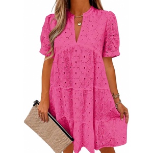 image:imageImily Bela Womens Summer Lace Dresses Eyelet Casual Flowy Babydoll Dress  Swing Short Sleeve V Neck Tunic DressMiniBeachVacationPartyOutdoorBohoLooseRuffle HemShort Puff SleeveRose Red