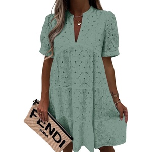 image:imageImily Bela Womens Summer Lace Dresses Eyelet Casual Flowy Babydoll Dress  Swing Short Sleeve V Neck Tunic DressMiniBeachVacationPartyOutdoorBohoLooseRuffle HemShort Puff SleeveLight Green