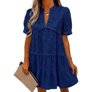 image:imageImily Bela Womens Summer Lace Dresses Eyelet Casual Flowy Babydoll Dress  Swing Short Sleeve V Neck Tunic DressMiniBeachVacationPartyOutdoorBohoLooseRuffle HemShort Puff SleeveNavy