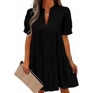 image:imageImily Bela Womens Summer Lace Dresses Eyelet Casual Flowy Babydoll Dress  Swing Short Sleeve V Neck Tunic DressMiniBeachVacationPartyOutdoorBohoLooseRuffle HemShort Puff SleeveBlack