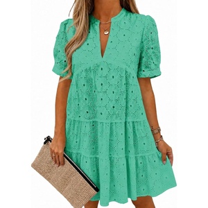 image:imageImily Bela Womens Summer Lace Dresses Eyelet Casual Flowy Babydoll Dress  Swing Short Sleeve V Neck Tunic DressMiniBeachVacationPartyOutdoorBohoLooseRuffle HemShort Puff SleeveGreen