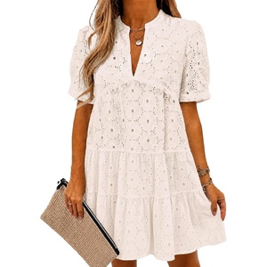 image:imageImily Bela Womens Summer Lace Dresses Eyelet Casual Flowy Babydoll Dress  Swing Short Sleeve V Neck Tunic DressMiniBeachVacationPartyOutdoorBohoLooseRuffle HemShort Puff SleeveBeige