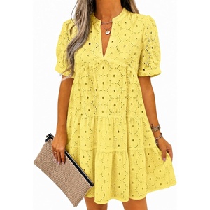 image:imageImily Bela Womens Summer Lace Dresses Eyelet Casual Flowy Babydoll Dress  Swing Short Sleeve V Neck Tunic DressMiniBeachVacationPartyOutdoorBohoLooseRuffle HemShort Puff SleeveYellow