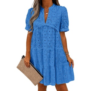 image:imageImily Bela Womens Summer Lace Dresses Eyelet Casual Flowy Babydoll Dress  Swing Short Sleeve V Neck Tunic DressMiniBeachVacationPartyOutdoorBohoLooseRuffle HemShort Puff SleeveLake Blue