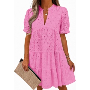 image:imageImily Bela Womens Summer Lace Dresses Eyelet Casual Flowy Babydoll Dress  Swing Short Sleeve V Neck Tunic DressMiniBeachVacationPartyOutdoorBohoLooseRuffle HemShort Puff SleeveBright Pink