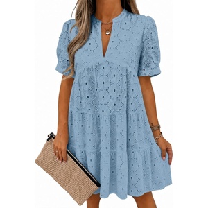 image:imageImily Bela Womens Summer Lace Dresses Eyelet Casual Flowy Babydoll Dress  Swing Short Sleeve V Neck Tunic DressMiniBeachVacationPartyOutdoorBohoLooseRuffle HemShort Puff SleeveWathet