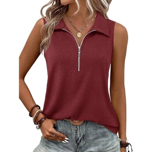 image:imageImily Bela Womens Ribbed Tank Tops Zipper V Neck Polo Shirts  Dressy Casual Blouses Sleeveless Golf Shirts Collared Loose Business Summer Camisole TopsBurgundy
